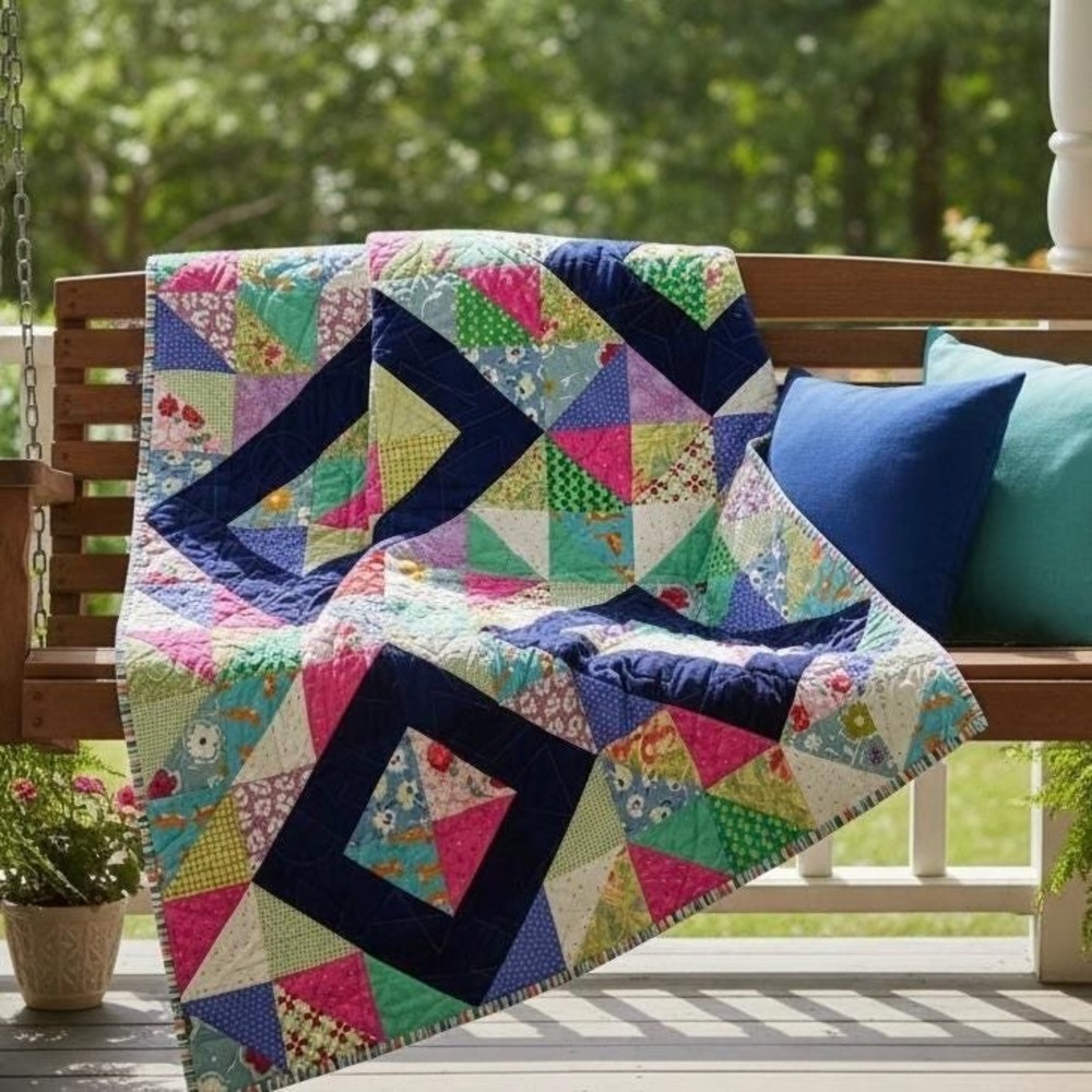 Handmade‎ Patchwork Quilt 37x48 Navy Diamond Throw Cottagecore